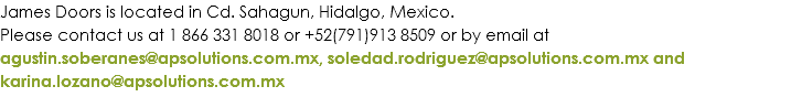 James Doors is located in Cd. Sahagun, Hidalgo, Mexico. Please contact us at 1 866 331 8018 or +52(791)913 8509 or by email at agustin.soberanes@apsolutions.com.mx, soledad.rodriguez@apsolutions.com.mx and karina.lozano@apsolutions.com.mx 
